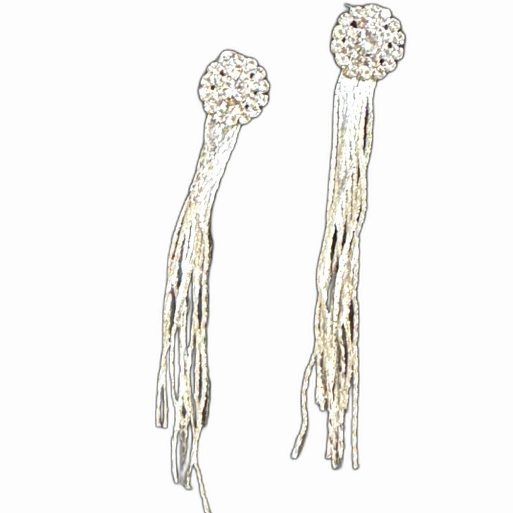 Statement Rhinestone Tassel Long Fringe Crystal Drop Earrings Silver Tone